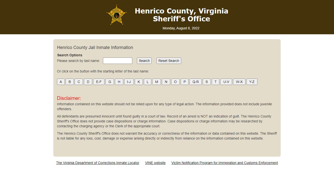 Inmate Search - Henrico County, Virginia